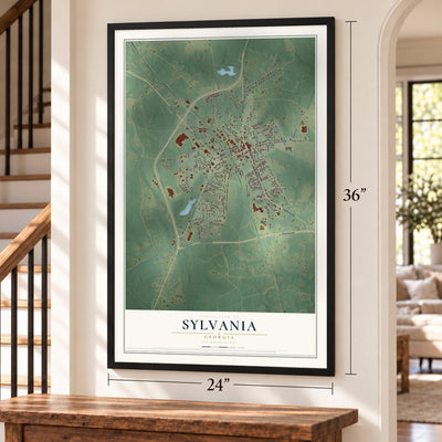 Sylvania, Georgia map, 24 x 36 inch print in a black frame by a staircase