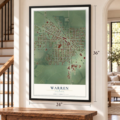 Warren, Illinois map, 24 x 36 inch print in a black frame by a staircase