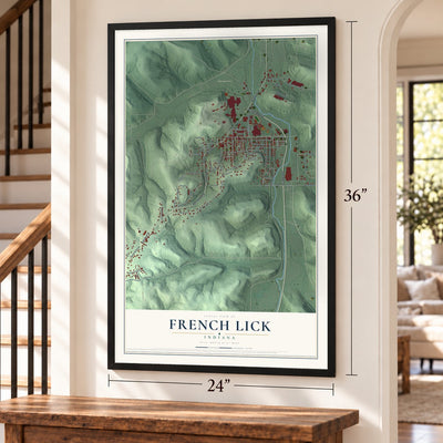 French Lick, Indiana map, 24 x 36 inch print in a black frame by a staircase