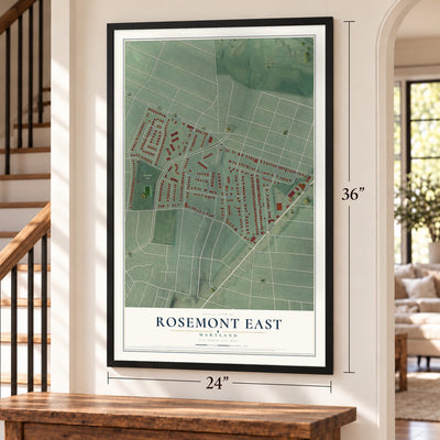 Rosemont East, Maryland map, 24 x 36 inch print in a black frame by a staircase