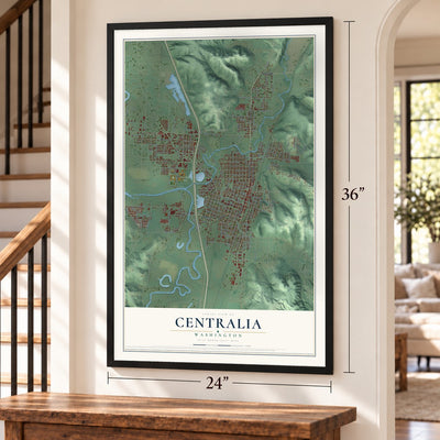 Centralia, Washington map, 24 x 36 inch print in a black frame by a staircase