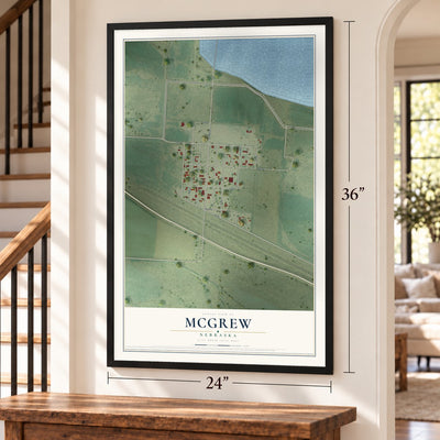 McGrew, Nebraska map, 24 x 36 inch print in a black frame by a staircase