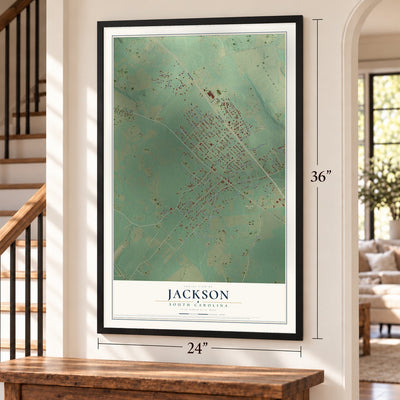 Jackson, South Carolina map, 24 x 36 inch print in a black frame by a staircase