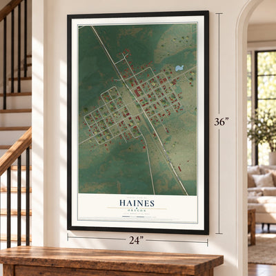 Haines, Oregon map, 24 x 36 inch print in a black frame by a staircase
