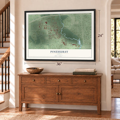 Pinehurst, Texas map, 24 x 36 inch print in a black frame above a dresser by a staircase