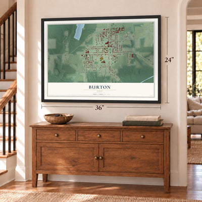 Burton, Ohio map, 24 x 36 inch print in a black frame above a dresser by a staircase