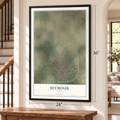 Seymour, Texas map, 24 x 36 inch print in a black frame by a staircase