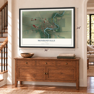 Monroeville, Ohio map, 24 x 36 inch print in a black frame above a dresser by a staircase