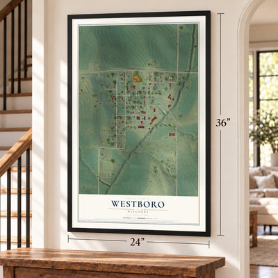 Westboro, Missouri map, 24 x 36 inch print in a black frame by a staircase