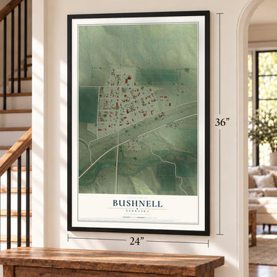 Bushnell, Nebraska map, 24 x 36 inch print in a black frame by a staircase