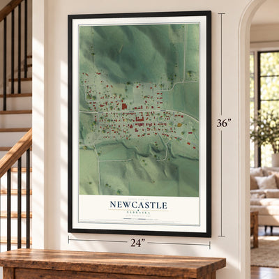 Newcastle, Nebraska map, 24 x 36 inch print in a black frame by a staircase