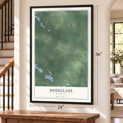 Douglass, Michigan map, 24 x 36 inch print in a black frame by a staircase