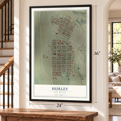 Hurley, New Mexico map, 24 x 36 inch print in a black frame by a staircase