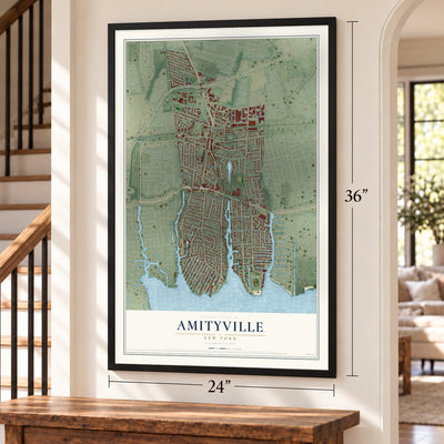 Amityville, New York map, 24 x 36 inch print in a black frame by a staircase