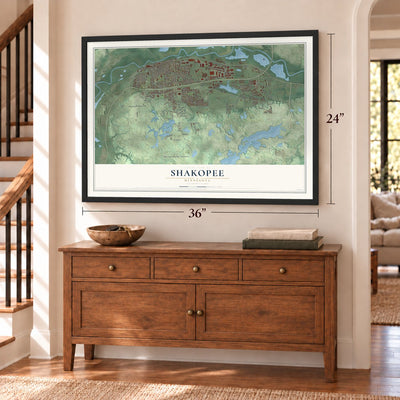 Shakopee, Minnesota map, 24 x 36 inch print in a black frame above a dresser by a staircase