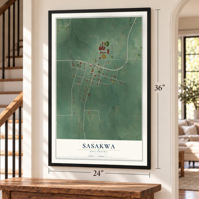 Sasakwa, Oklahoma map, 24 x 36 inch print in a black frame by a staircase