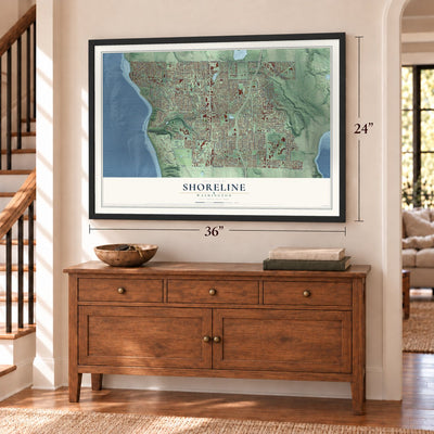 Shoreline, Washington map, 24 x 36 inch print in a black frame above a dresser by a staircase
