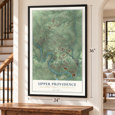 Upper Providence, Montgomery County, Pennsylvania map, 24 x 36 inch print in a black frame by a staircase