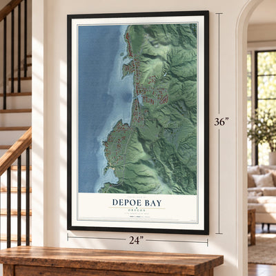 Depoe Bay, Oregon map, 24 x 36 inch print in a black frame by a staircase