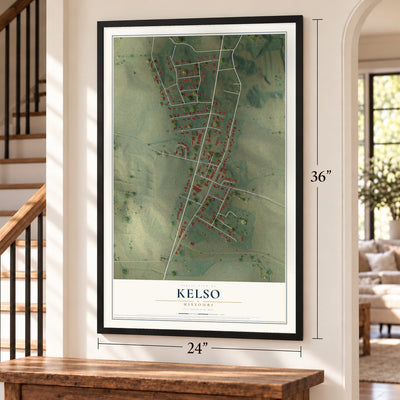 Kelso, Missouri map, 24 x 36 inch print in a black frame by a staircase