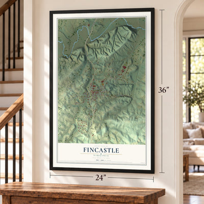 Fincastle, Virginia map, 24 x 36 inch print in a black frame by a staircase