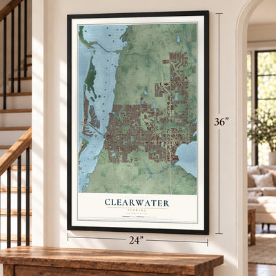 Clearwater, Florida map, 24 x 36 inch print in a black frame by a staircase