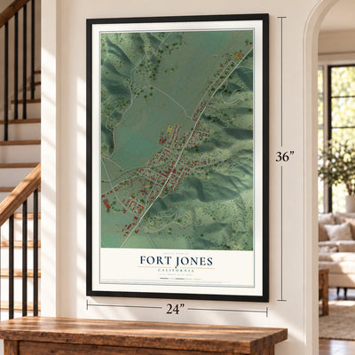 Fort Jones, California map, 24 x 36 inch print in a black frame by a staircase