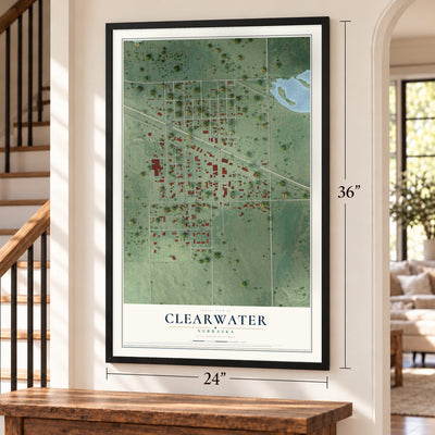 Clearwater, Nebraska map, 24 x 36 inch print in a black frame by a staircase