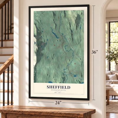 Sheffield, Massachusetts map, 24 x 36 inch print in a black frame by a staircase