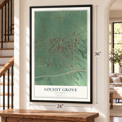 Locust Grove, Oklahoma map, 24 x 36 inch print in a black frame by a staircase