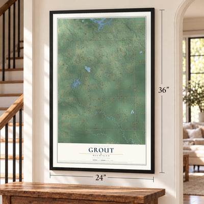 Grout, Michigan map, 24 x 36 inch print in a black frame by a staircase
