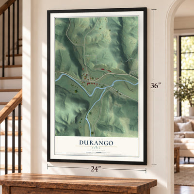 Durango, Iowa map, 24 x 36 inch print in a black frame by a staircase