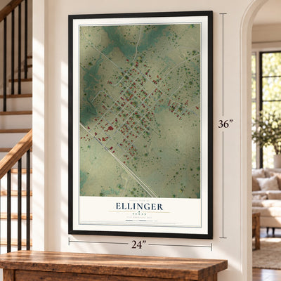 Ellinger, Texas map, 24 x 36 inch print in a black frame by a staircase