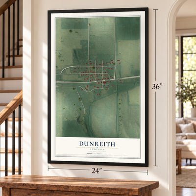 Dunreith, Indiana map, 24 x 36 inch print in a black frame by a staircase