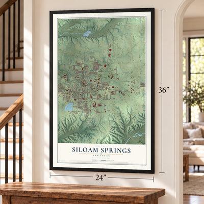 Siloam Springs, Arkansas map, 24 x 36 inch print in a black frame by a staircase