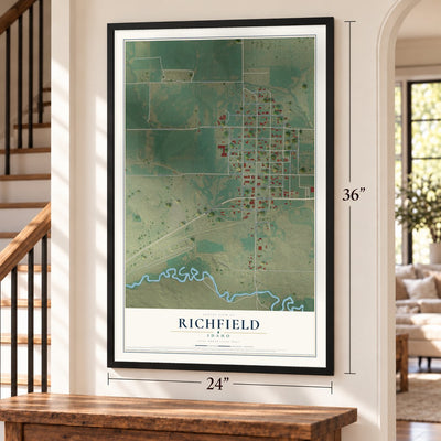 Richfield, Idaho map, 24 x 36 inch print in a black frame by a staircase