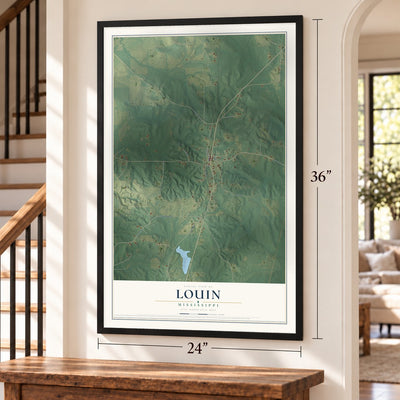 Louin, Mississippi map, 24 x 36 inch print in a black frame by a staircase