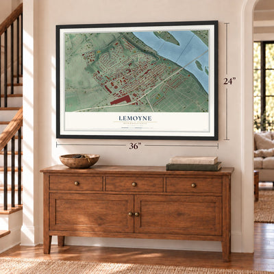 Lemoyne, Pennsylvania map, 24 x 36 inch print in a black frame above a dresser by a staircase