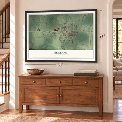 Mendon, Illinois map, 24 x 36 inch print in a black frame above a dresser by a staircase