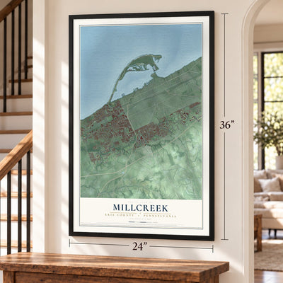 Millcreek, Erie County, Pennsylvania map, 24 x 36 inch print in a black frame by a staircase
