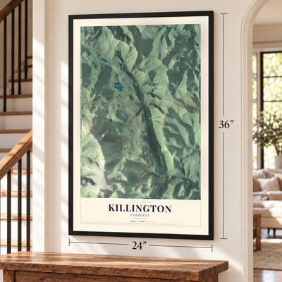 Killington, Vermont map, 24 x 36 inch print in a black frame by a staircase