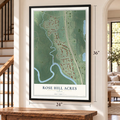Rose Hill Acres, Texas map, 24 x 36 inch print in a black frame by a staircase