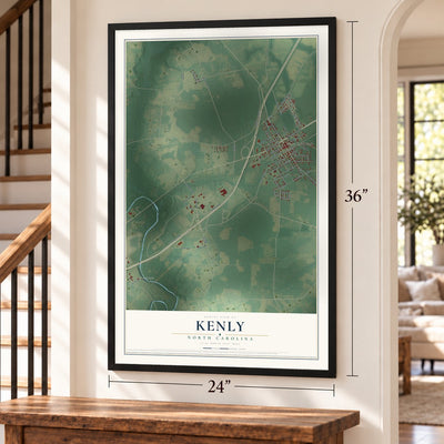 Kenly, North Carolina map, 24 x 36 inch print in a black frame by a staircase