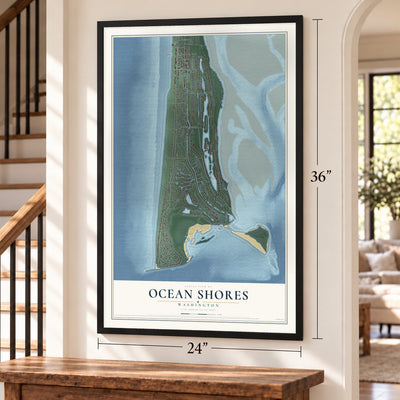 Ocean Shores, Washington map, 24 x 36 inch print in a black frame by a staircase
