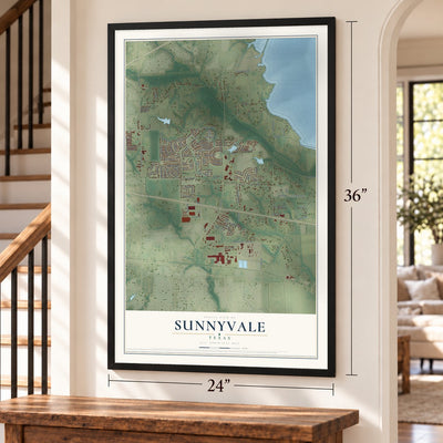 Sunnyvale, Texas map, 24 x 36 inch print in a black frame by a staircase