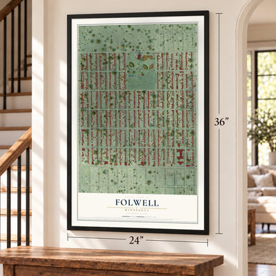 Folwell, Minnesota map, 24 x 36 inch print in a black frame by a staircase