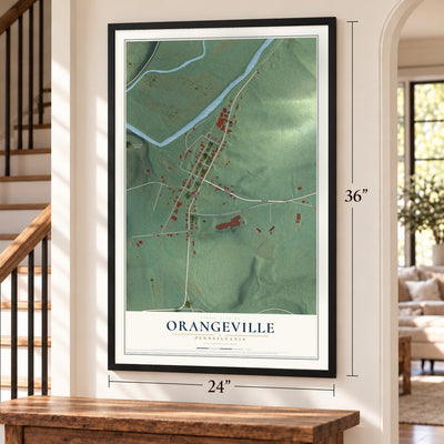 Orangeville, Pennsylvania map, 24 x 36 inch print in a black frame by a staircase