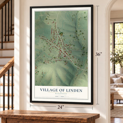 Linden, Wisconsin map, 24 x 36 inch print in a black frame by a staircase