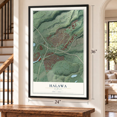 Halawa, Hawaii map, 24 x 36 inch print in a black frame by a staircase