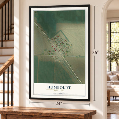 Humboldt, Minnesota map, 24 x 36 inch print in a black frame by a staircase